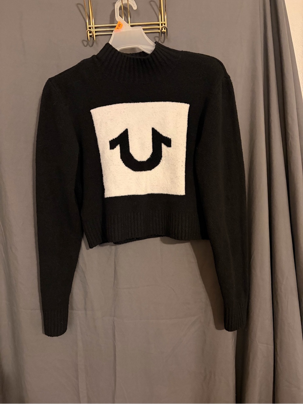 True Religion Black Cropped Logo Cowl Sweater with White Panel